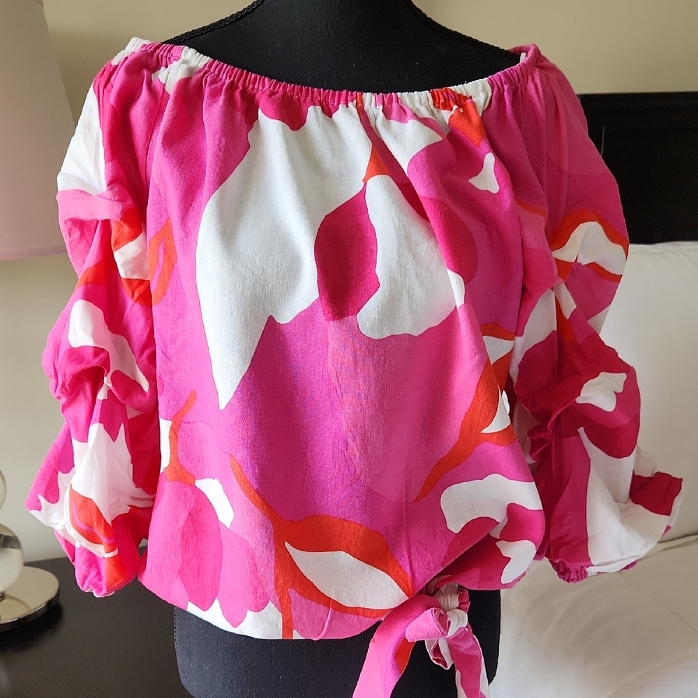 Vince Camuto Women's Printed Linen-Blend Off the Shoulder Tie Front Top